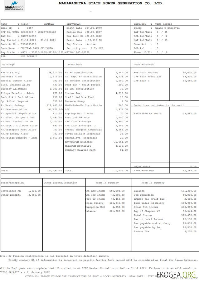 Maharashtara State Power Generation Co. Talon de paie